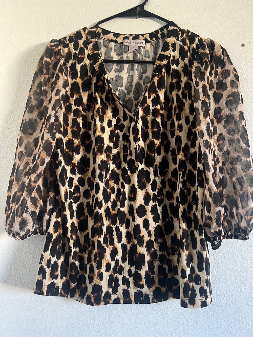 Carolyn Taylor Leopard Print V-Neck Blouse in Tan and Black